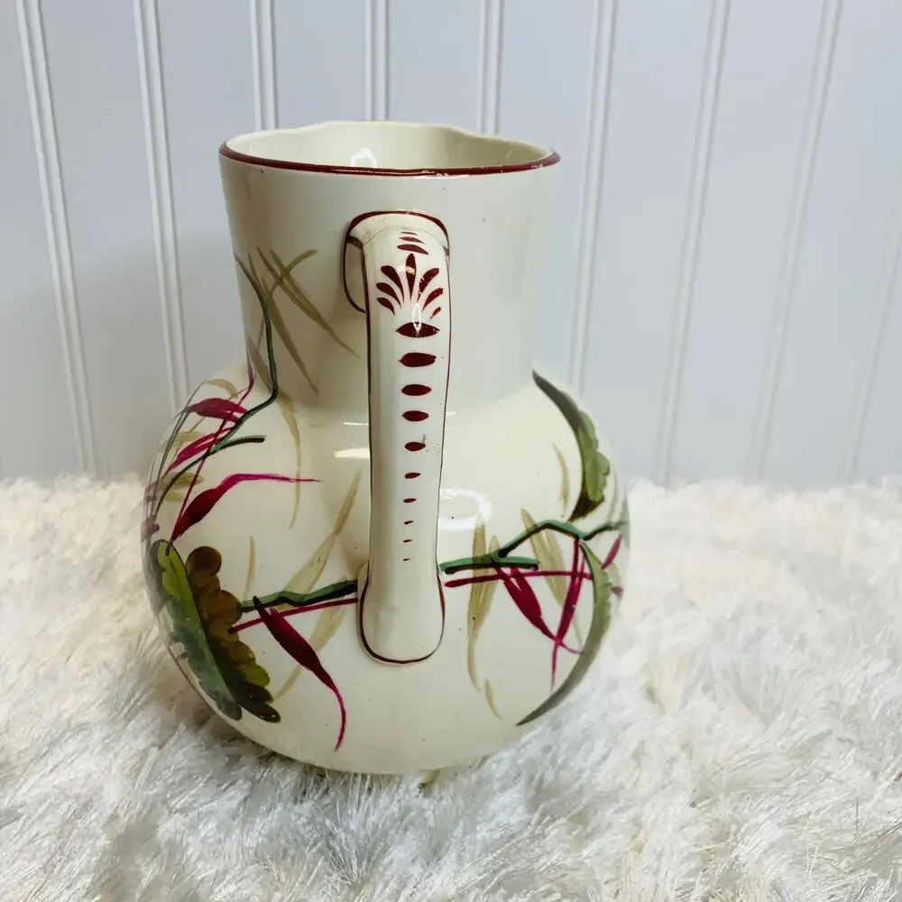 Handpainted Pitcher Vintage Green Red Leaves Tropical 8 x 6